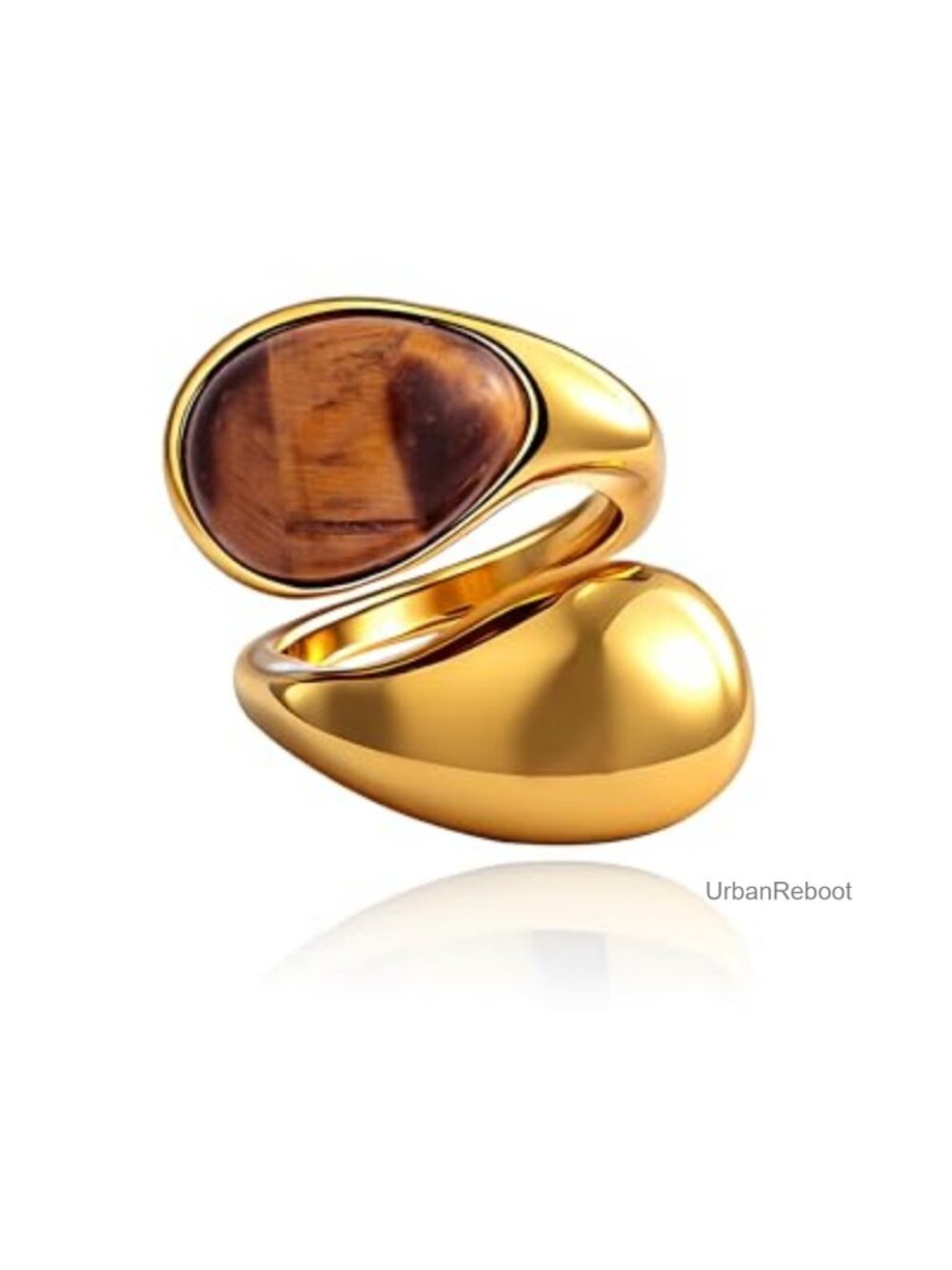 14K Gold Plated Tiger Eye Stone Chunky Open Ring Vintage Boho Adjustable
